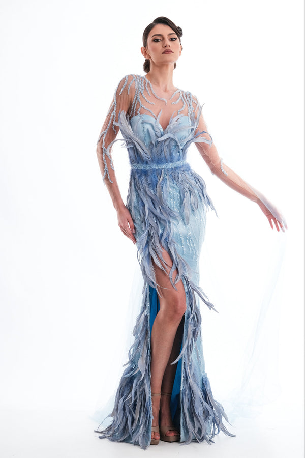 Rochie de ocazie tip sirenă cu detalii extravagante